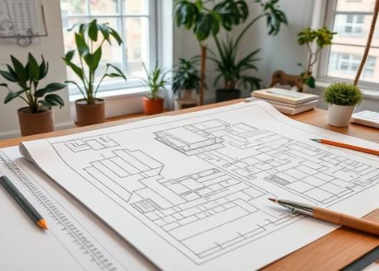minimalist architecture blueprint, thoughtful, neatly laid out on a designer's desk, photorealistic, in a sophisticated studio filled with drafting tools and plants, highly detailed, intricate lines and curves, sharp clarity, soft white and graphite colors, ambient indoor lighting, shot with a macro lens.