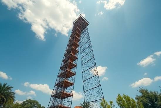 innovative architecture structure, inspiring, lifting upwards towards the sky, photorealistic, set against a clear blue sky with scattered clouds, highly detailed, provisionally supported scaffolding, crystal-clear resolution, earthy tones and vibrant greenery, dappled sunlight, shot with a tilt-shift lens.