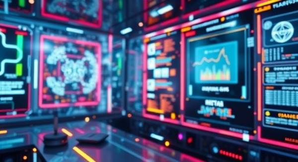 data intelligence, innovative, generating insights, photorealistic, futuristic tech environment with holographic displays, highly detailed, digital data streams, 8K resolution, neon hues, ambient lighting, shot with a 35mm lens