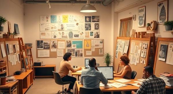 content strategy, strategic, developing plans, photorealistic, a bustling workspace with creative mood boards and sketches, highly detailed, collaborative vibes, 8K resolution, warm earth tones, overhead lighting, shot with an 85mm lens