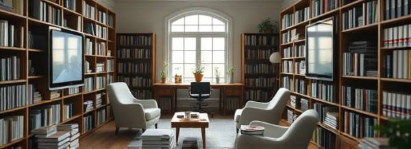 content insight, insightful, distilling information, photorealistic, serene study filled with books and soft screens, highly detailed, steady flow of ideas, 8K resolution, gentle pastels, natural lighting, shot with a 70-200mm lens