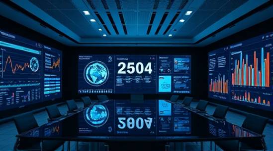 data intelligence, analytical, forecasting trends, photorealistic, modern conference room with digital dashboards, highly detailed, predictions unfolding, 8K resolution, cool tones, spot lighting, shot with a 28mm lens