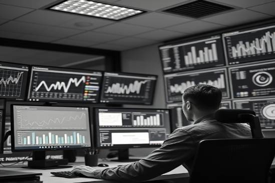 content analytics, meticulous, evaluating performance metrics, photorealistic, tech-savvy office with multiple screens and charts, highly detailed, animated data, 8K resolution, grayscale, focused lighting, shot with a 35mm lens