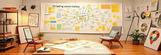 content strategy, visionary, drafting innovative concepts, photorealistic, creative space with mind maps and sticky notes, highly detailed, methodical planning, 8K resolution, warm colors, soft natural lighting, shot with a 50mm lens