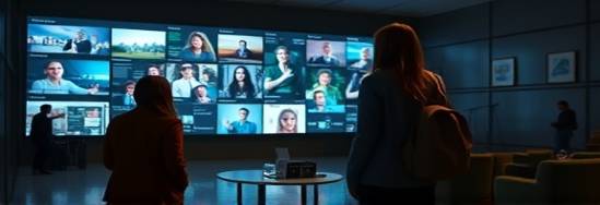 content insight, reflective, analyzing consumer behavior, photorealistic, cozy room with a wall-sized interactive display, highly detailed, insightful moments, 8K resolution, muted tones, evening lighting, shot with a 50mm lens