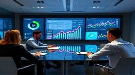 content analytics, methodical, presenting findings to a team, photorealistic, a meeting room with wide digital surfaces and graphs, highly detailed, dynamic discussions, 8K resolution, corporate color scheme, bright task lighting, shot with a 50mm lens