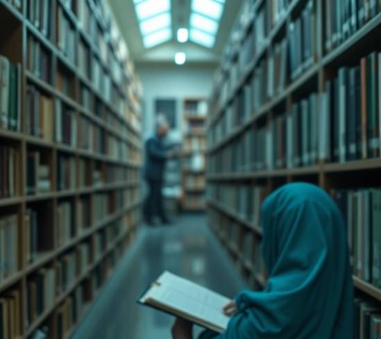 content insight, perceptive, deriving meaningful conclusions, photorealistic, tranquil library with digital resources and notes, highly detailed, quiet reflections, 8K resolution, soft blues and greens, natural ambient lighting, shot with a 70-200mm lens